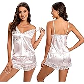 Lanyoshe Womens Pajama Set Silk Satin PJ Set V Neck Pink Striped Cami Top Shorts Sleeveless Sleepwear Spaghetti Straps