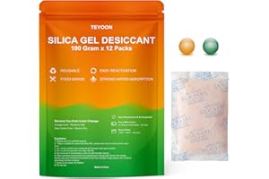 TEYOON 100 Gram 12 Packs Silica Gel Packets Food Grade Microwave Fast Reactivate Moisture Absorbers with Color Indicating, Premium Desiccant Packs for Food Spices Electronics Closet Jewelry Storage Tool Box