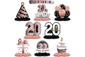 LINGTEER Happy 20th Birthday Rose Gold Table Honeycomb Centerpieces Cheers to 20th Birthday Twenty Years Old Party Table Decorations Gift Sign.