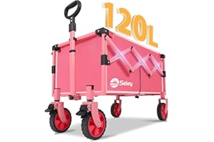 SEKEY Wagon with Brakes, Foldable Cart with 220LBS Capacity, Utility Lightweight Wagon, Collapsible Grocery Shopping Cart for Camping Sports & Holiday.Pink