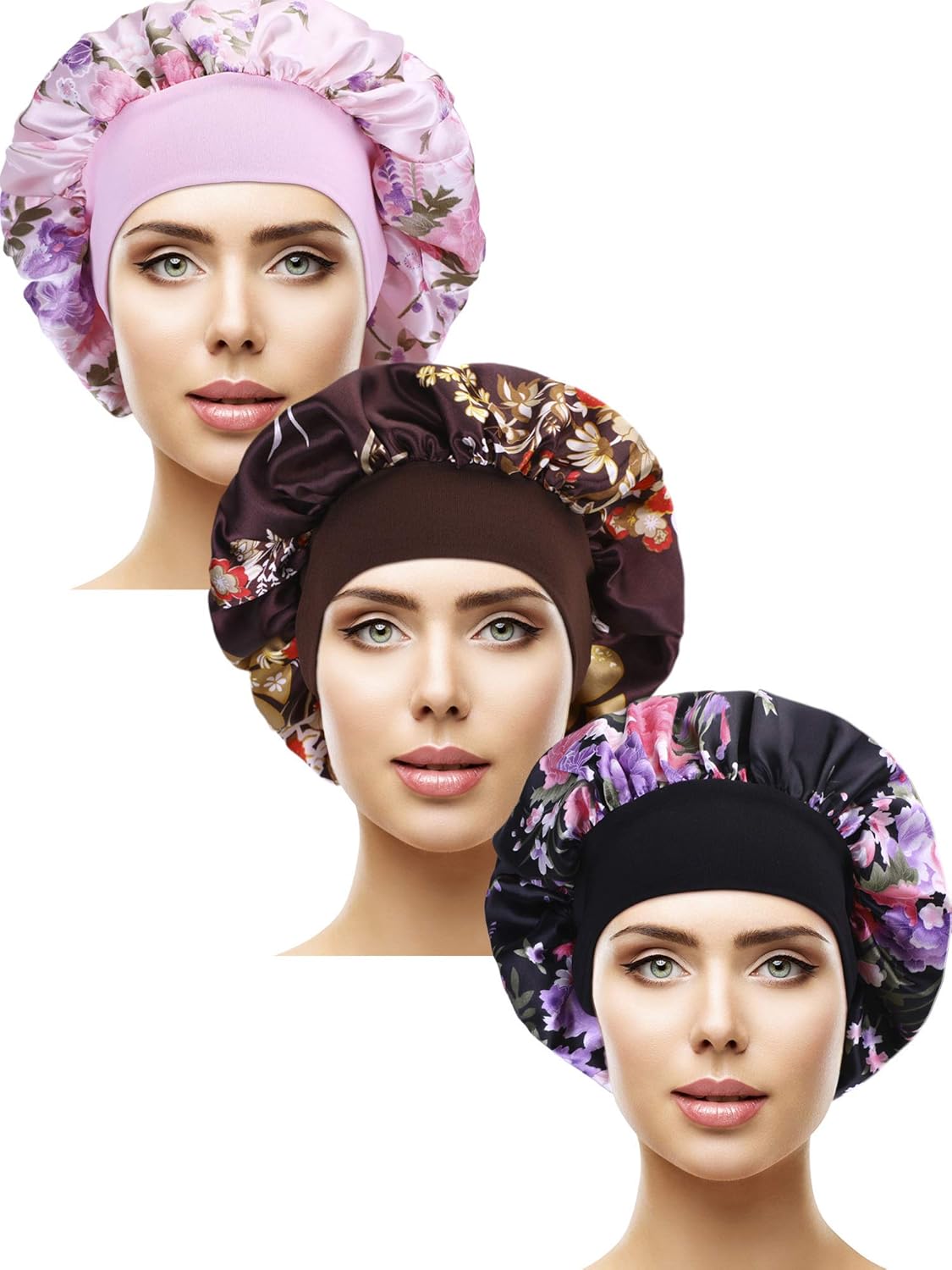 3 Pieces Satin Sleep Cap Elastic Wide Band Hat Night Sleeping Head