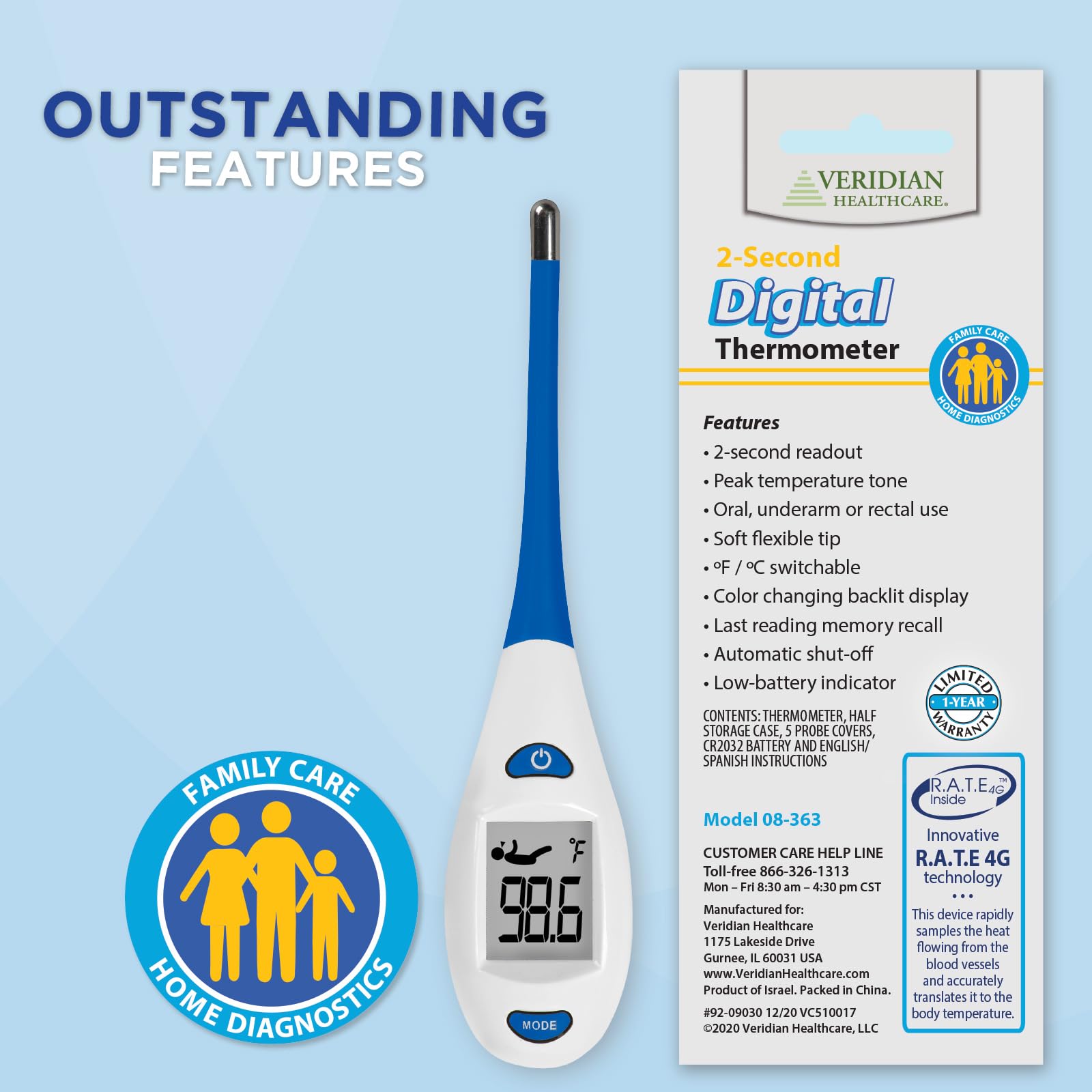 Veridian Digital Thermometer | 2-Second Readout | Rate Rapid Read Technology| Flexible Tip | Hygienic Water-Resistant Easy Cleaning | Storage Case + Instructions Included