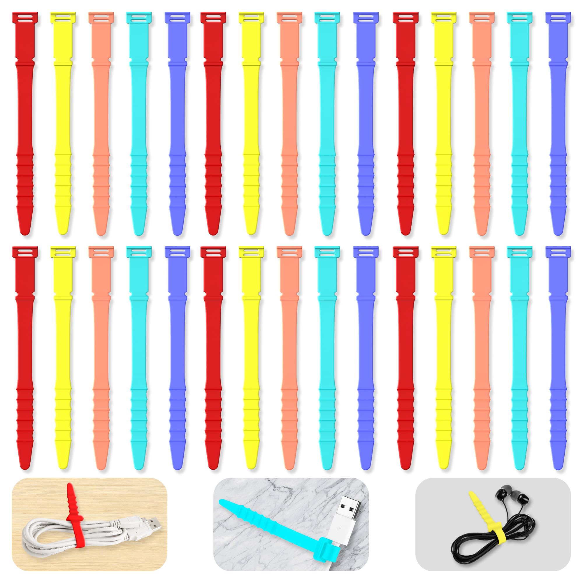 Silicone Cable Ties 4.5inch Reusable Cable Ties, 30pcs Reusable Zip Ties Elastic Silicone Cord Organizer Straps Ties for Charging Cables USB Cables Earphones Cable Audio(11.3cm, 30pcs, Warm-Color)