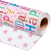 Homeral Pink Birthday Wrapping Paper Roll - Colorful Happy Birthday Letters with Metallic Foil Shine & Stars Reversible Gift Wrap for Girls Baby Shower, Party - Mini Roll - 17 Inch x 16.5 Feet