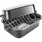 QPMR Roasting Pan with Rack, 21” Rectangular Granite Roaster Pan, 25lb Capacity, Large Roaster Pot for Baking Turkey with Versatile Lid