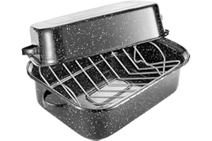 QPMR Roasting Pan with Rack, 21” Rectangular Granite Roaster Pan, 25lb Capacity, Large Roaster Pot for Baking Turkey with Versatile Lid
