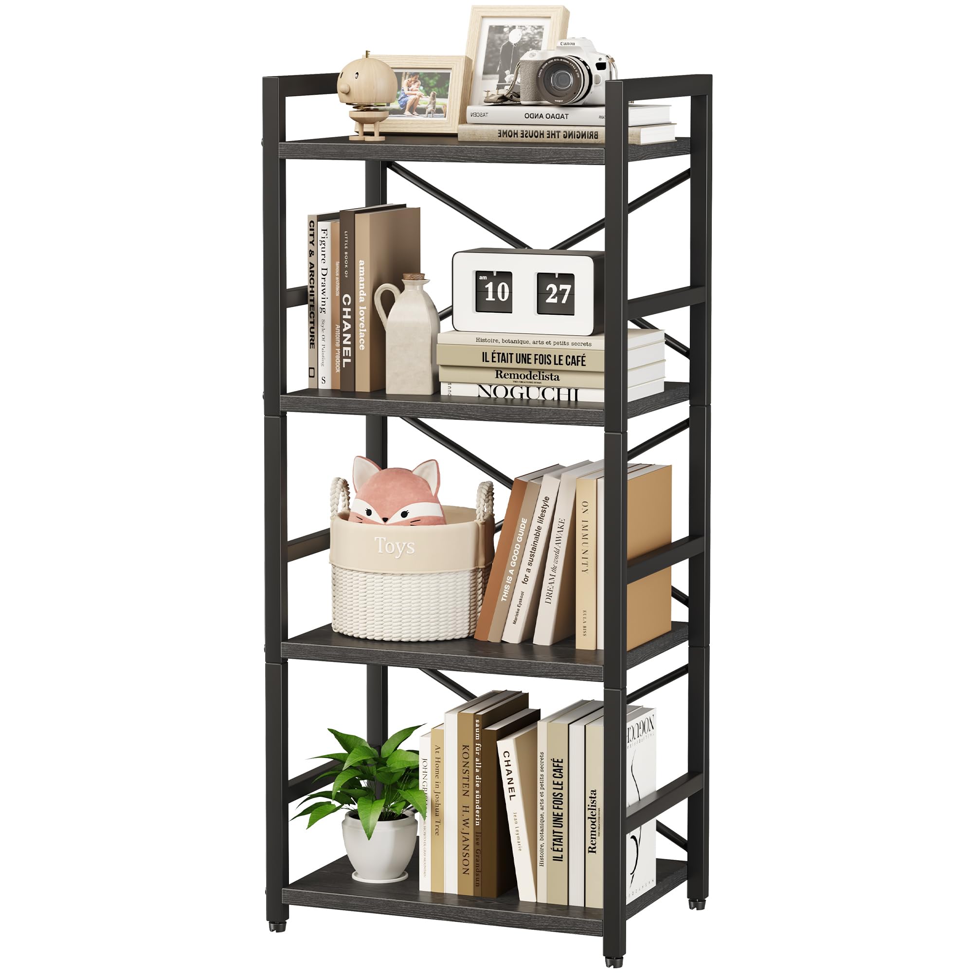 Photo 1 of ***It is used and is missing parts.-**---Homeiju Black Bookshelf, 4 Tier Small Bookcase, Black Metal Small Bookcase, Book Shelf Organization and Storage for Living Room, Bedroom, and Home Office