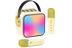 VIXKPIRR Newest Portable Karaoke Machine for Kids Adults, Portable Bluetooth Karaoke Speaker with 2 Wireless Microphone, Mini Karaoke for Kids Girls Adults Boys Gifts, Ideal Party, Birthday（Beige）