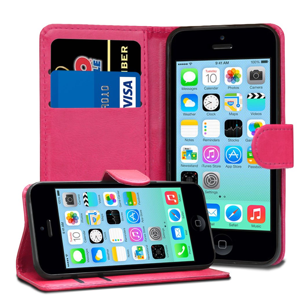 TypeandColor® Pink iPhone 5C Case Leather Flip Wallet Case Cover Pouch Holder - Apple iPhone 5C Case Cover & Screen Protector