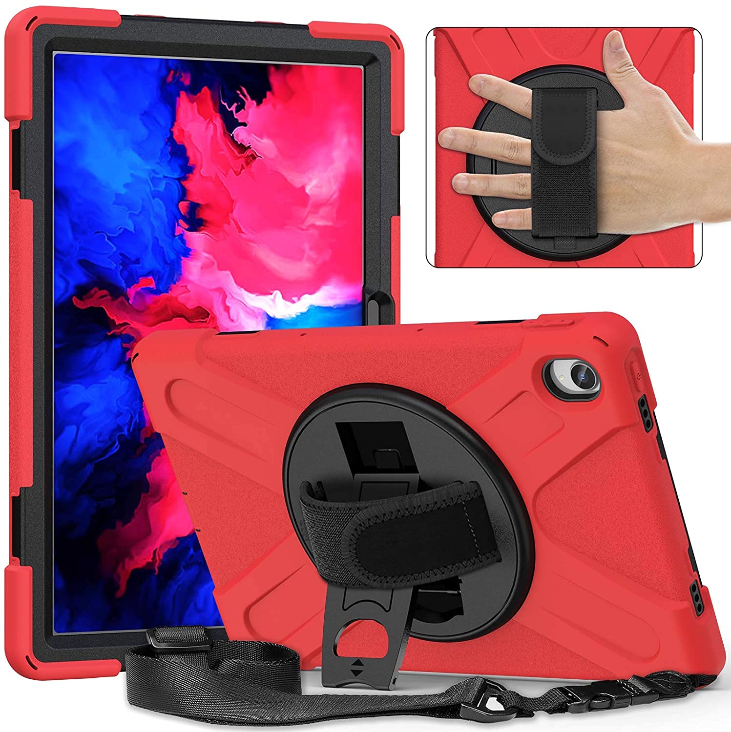 Fonrest Heavy Duty Case for Lenovo-Tab-P11/P11 Plus/P11 5G (TB-J606F/J607F/J616F/J607Z), 11-inch Hybrid Shockproof Rugged Cover with Kickstand, Hand Grip, Shoulder Strap, PC+Silicone Shell (Red)