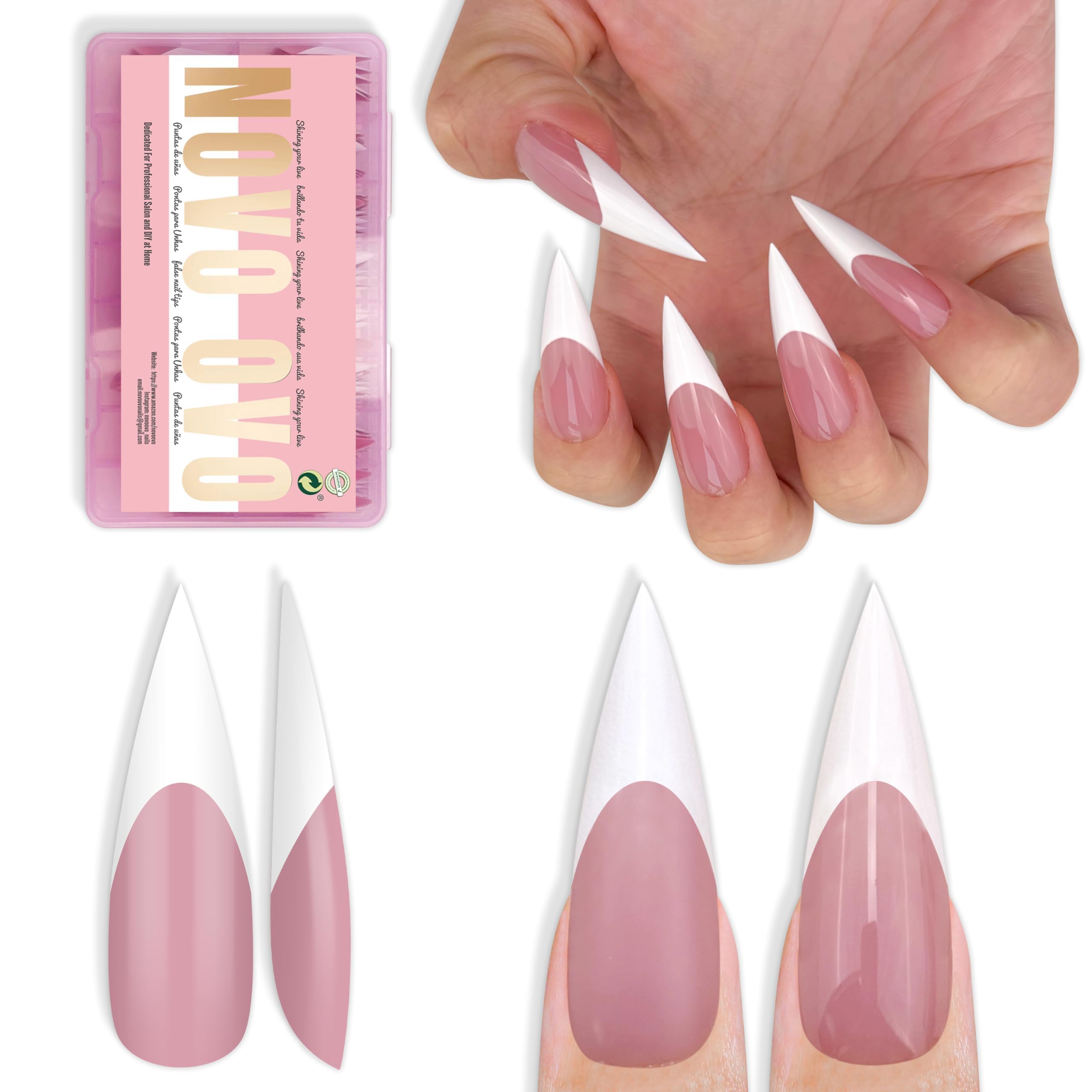 View 1 of ****MISSING PARTS***NOVO OVO White French Tip Long XL Sharp Stiletto Nail Tips Press on BERRY PINK, Soft Gel Double Matte Fake Nail Extension, Full Cover False Nails for Acrylic DIY x 16 Sizes 160 pcs****MISSING PARTS***