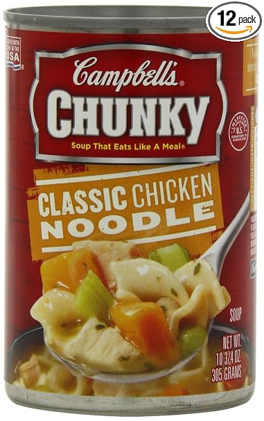 Campbell's chunky soup chicken stock, chicken meat, carrots, Water enriched egg noodles (Wheat flour, whole egg solids, egg wh (051000038869)