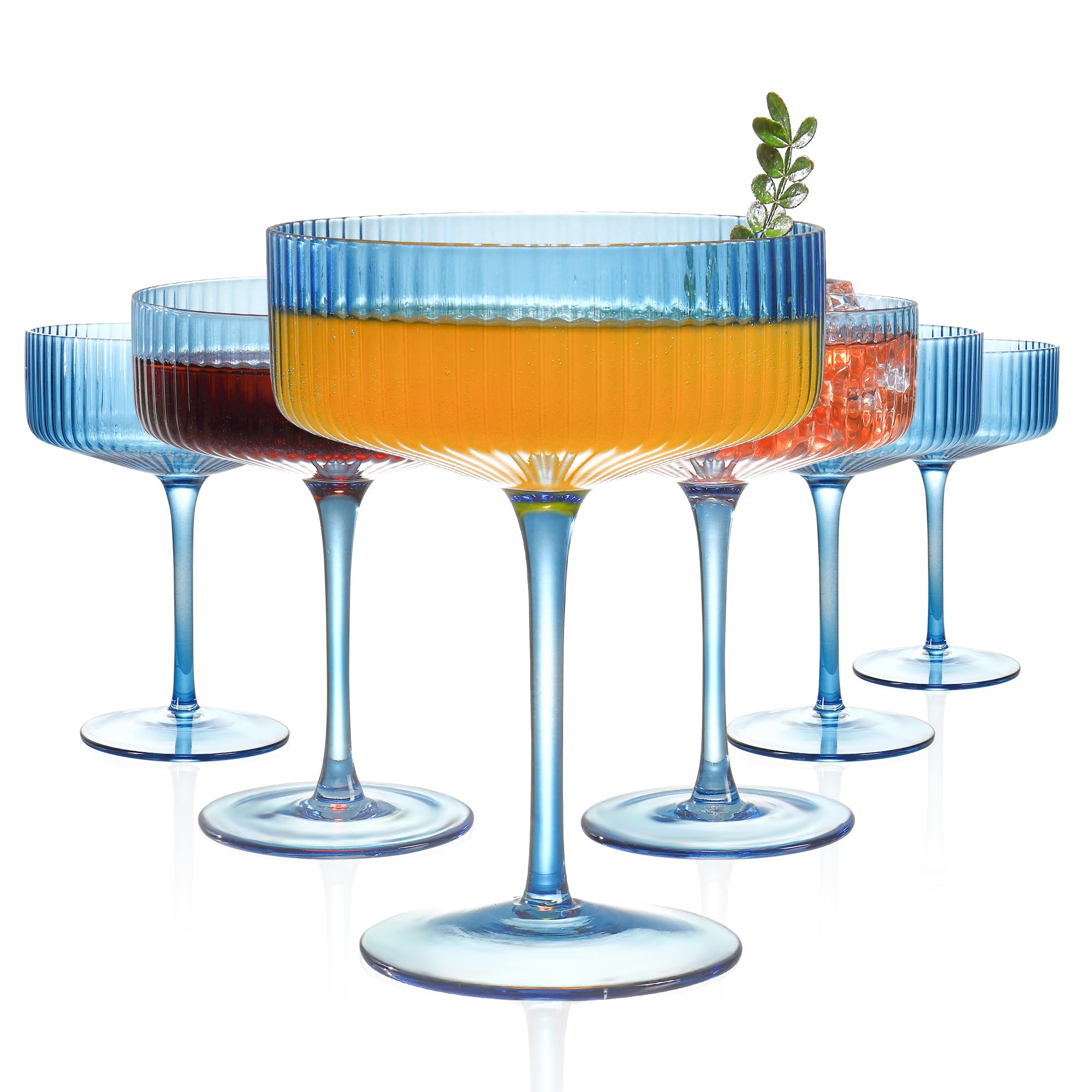 Photo 1 of FERAHI 6 Pcs Ribbed Coupe Glasses, 10 oz Blue Martini Glasses Set, Cute Espresso Martini Glass & Champagne Coupe Glass, Elegant Bar Glassware for Cocktails, Wine, Outdoor Entertaining & Gifts