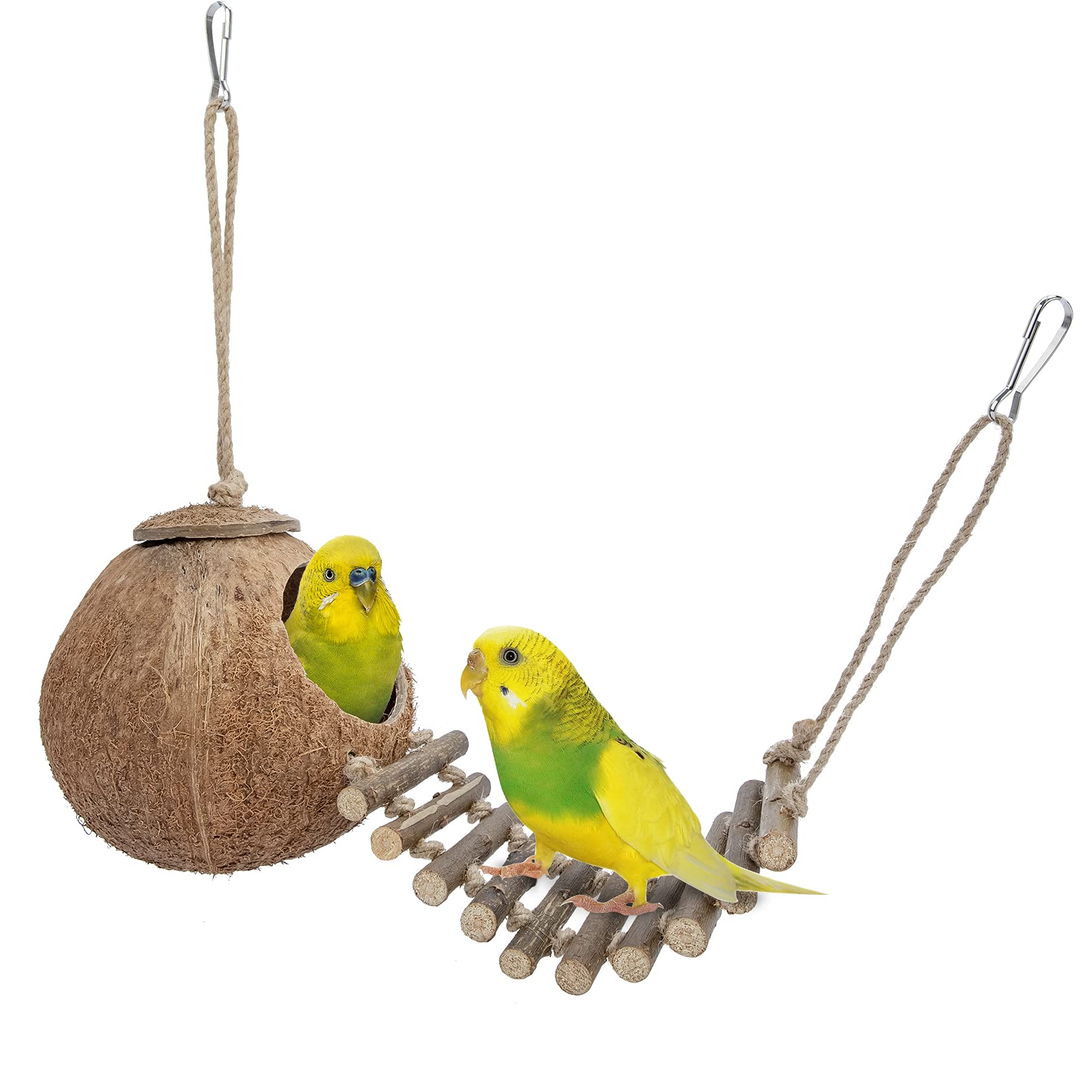 Niteangel Natural Bird Nests Coconut Hideaway with Ladder, Bird and Small Animal Toy (House with Ladder, Natural Surface)