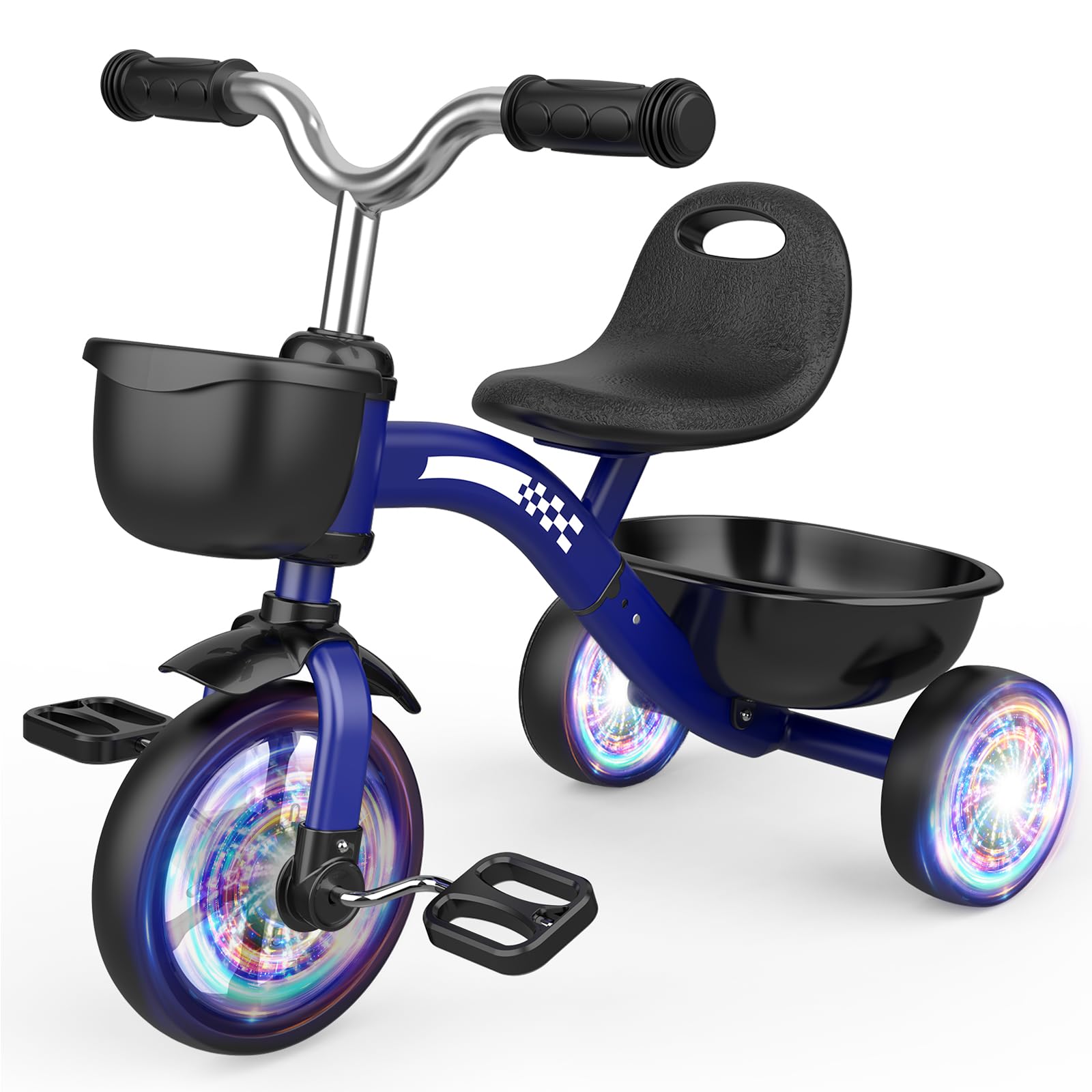 Toddler Tricycle for 1-3 3-4 Year Olds, 2 3 4 Year Old Boys Girls Birthday Gifts, Toddler Toys Baby Bike, Outdoor Toys for Ages 2-4, 3-Level Adjustable Seat, 3 Color Light Wheels, 2 Baskets Image