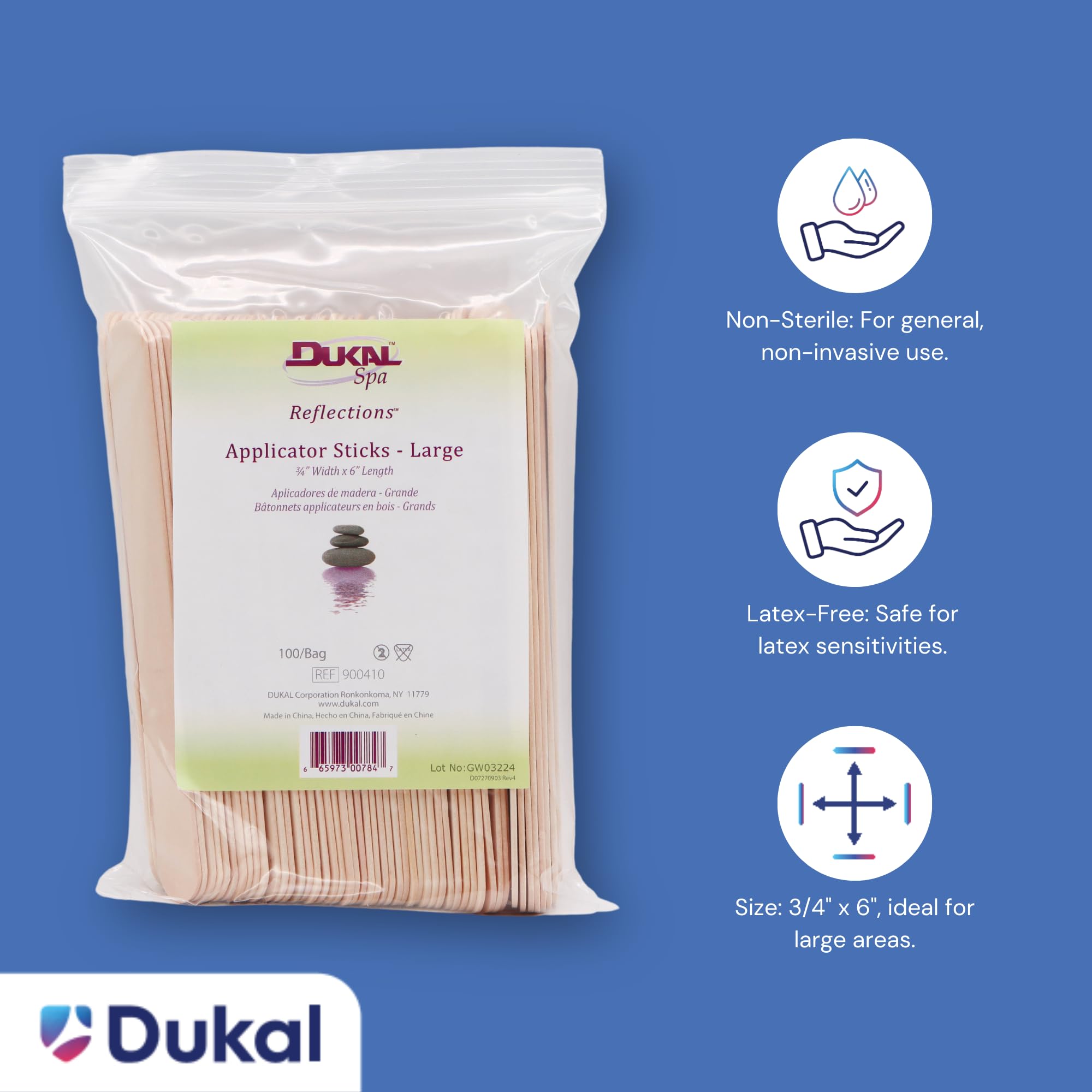 Dukal Large Wooden Wax Sticks - Body Hair Removal Applicator for Waxing, ¾” x 6” (Pack of 100)