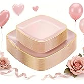 bUCLA 50PCS Pink and Gold Plastic Plates - Heavy Duty Square Pink Disposable - Include 25 Dinner & 25 Dessert Plates for Party & Valentines Day