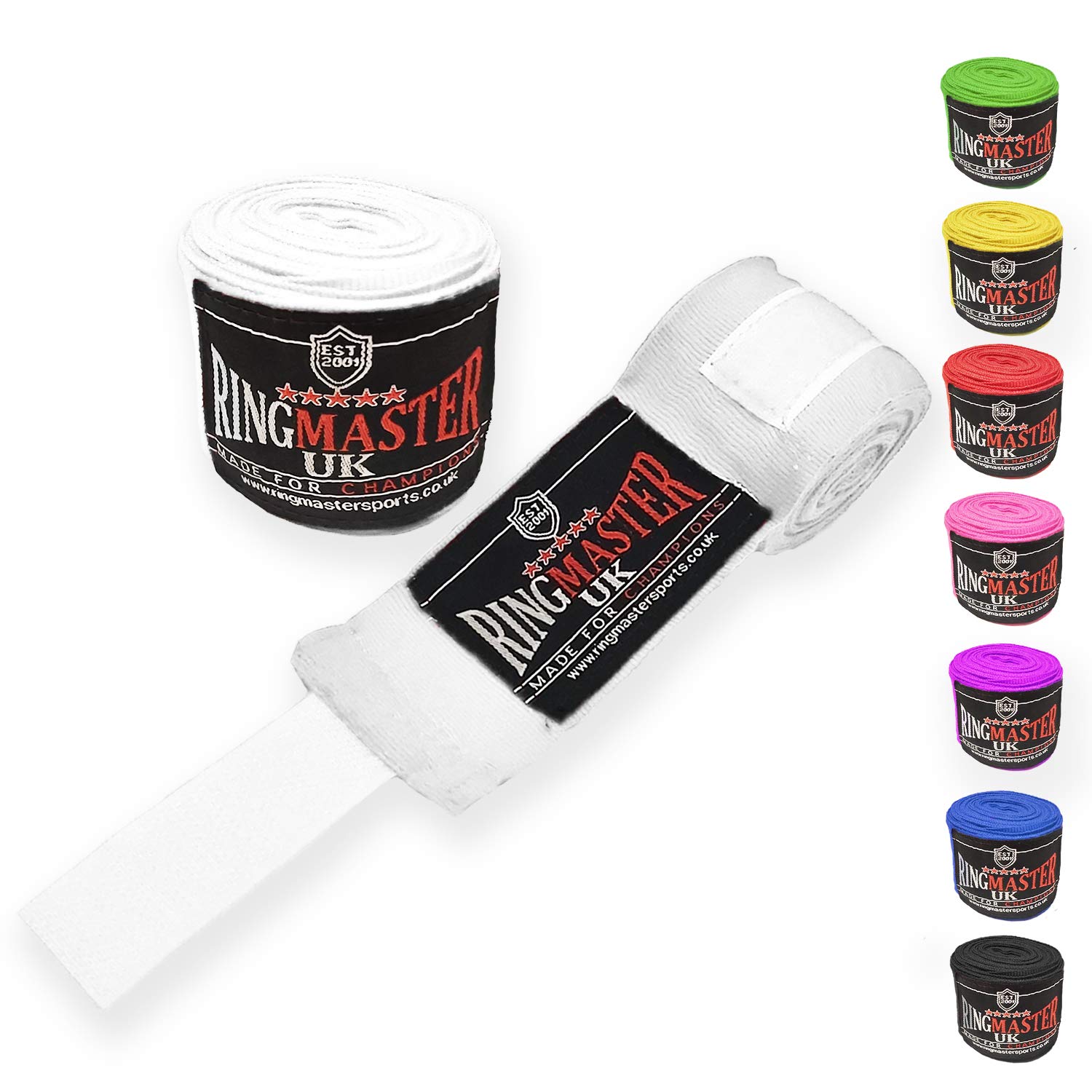 RingMaster Hand Wraps Thumb Loop Boxing MMA Kickboxing Muay Thai Martial Arts Inner gloves mitts Gym Fitness (White, 5)