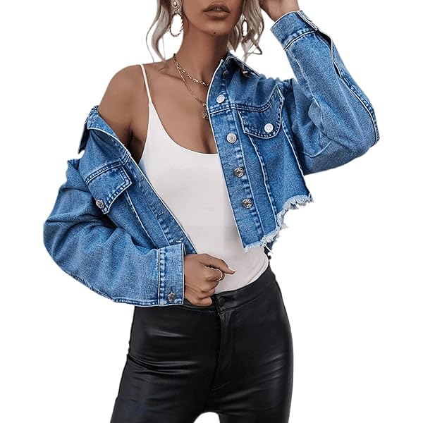 SEMATOMALA Women's Criss Cross Crop Denim Jacket Frayed