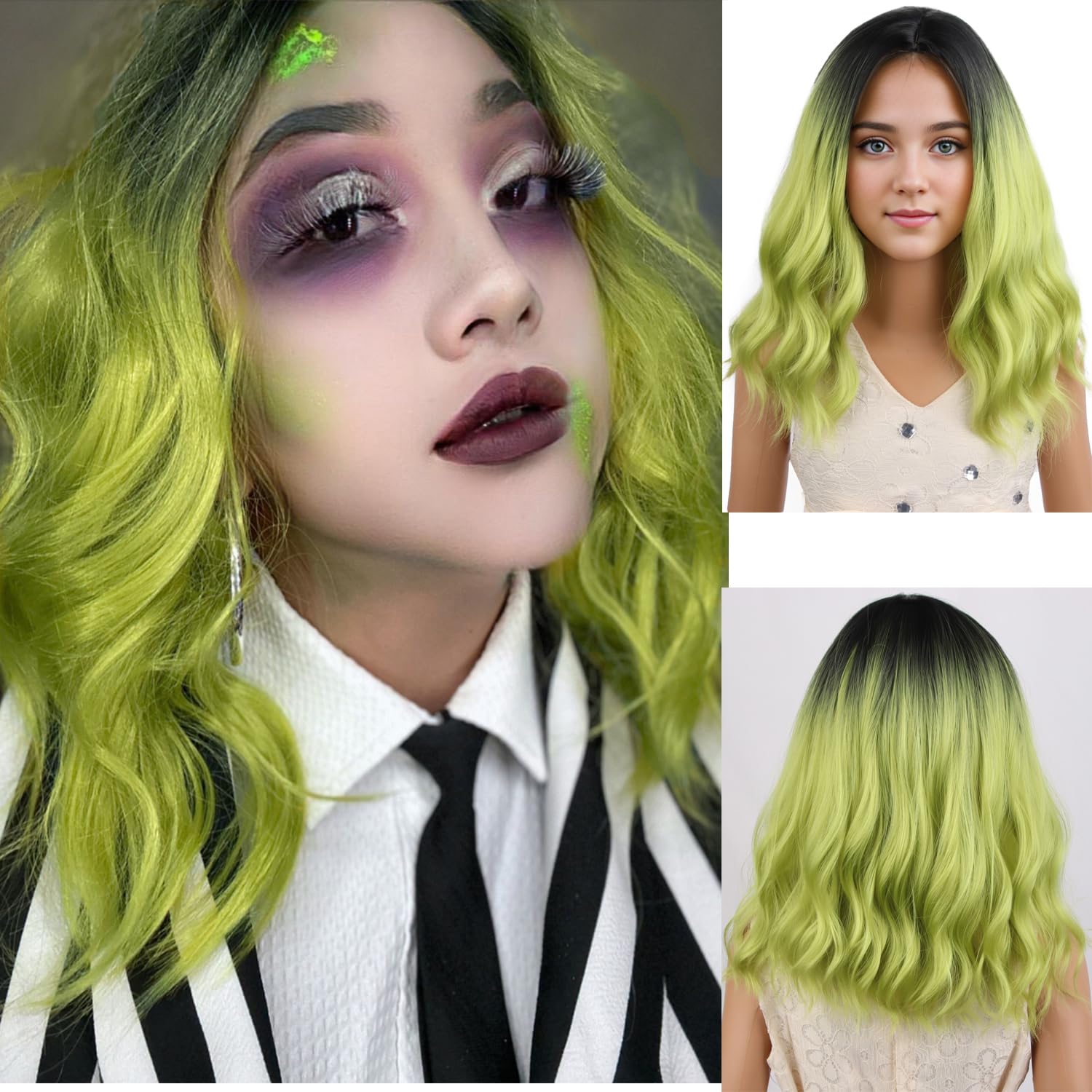 Photo 1 of PATTNIUM Kids Ombre Green Wig Child Girls Short Cury Bob Wig Black to Green Wig Matcha Green Wig Synthetic Wig wtih Wig Cap