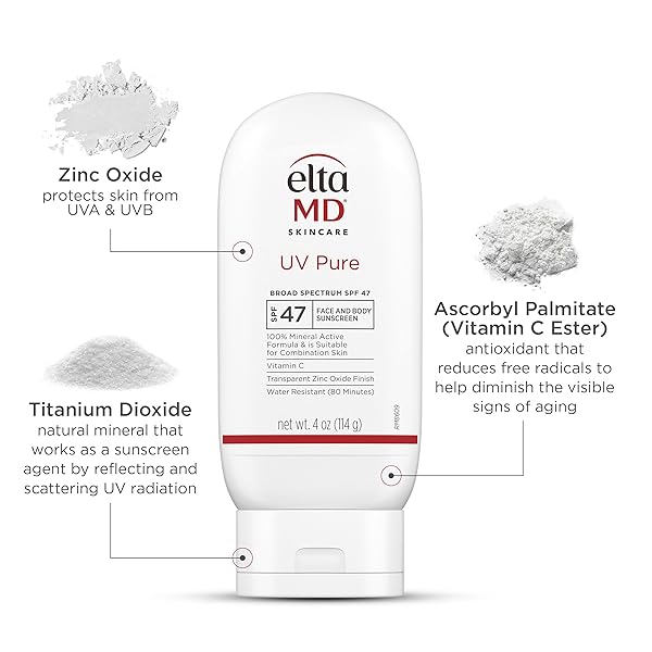 ELTAMD UV PURE FACE AND BODY SUNSCREEN, SPF 47 MINERAL SUNSCREEN FOR KIDS AND ADULTS, WATER RESISTANT UP TO 80 MINUTES, OIL FREE ZINC OXIDE FORMULA, 4.0 OZ