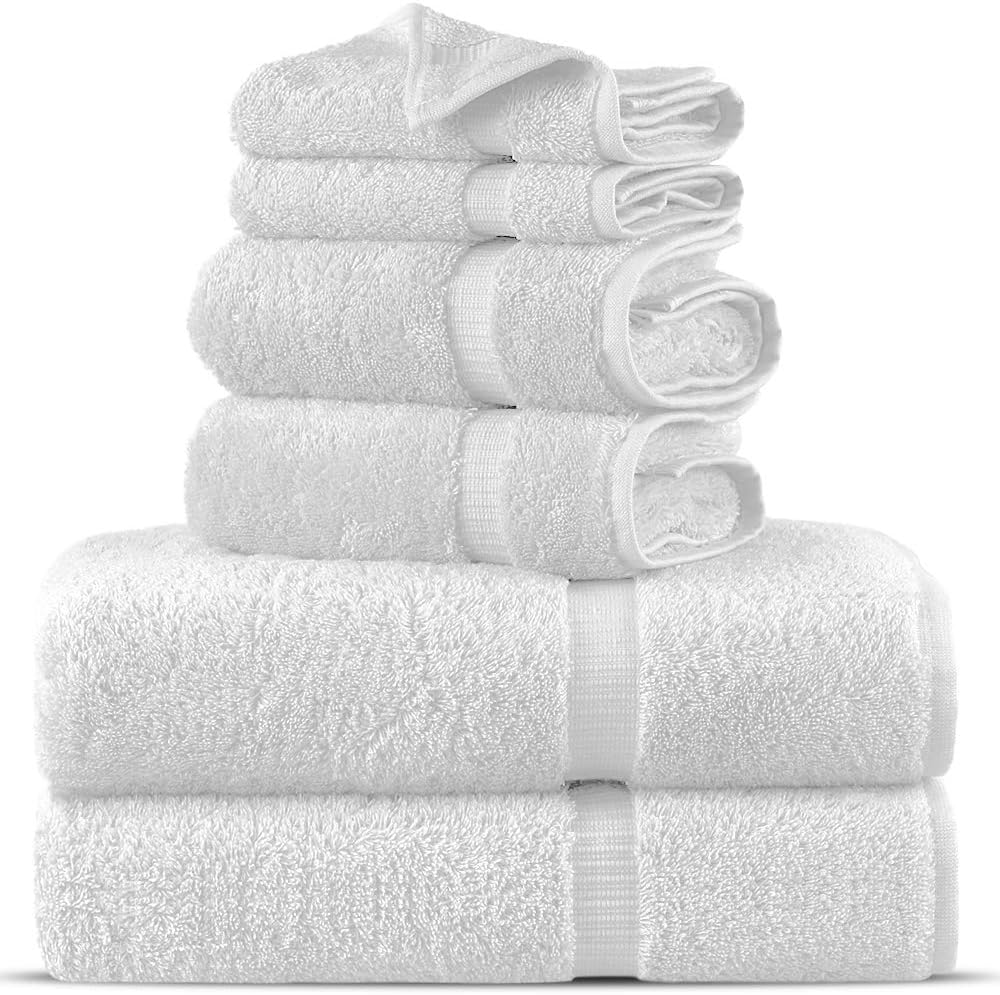 Towel Bazaar Luxury Hotel and Spa Quality Dobby Border 100% Turkish Cotton Eco-Friendly and Highly Absorbent Towel Set (Set of 6, White)