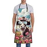 Bidesk Stylish Cow Apron, Adjustable Kitchen Cute Cows and Pink Flowers Aprons with Pockets for Cooking BBQ Gardening, 28×33 IN, Holiday Gifts for Women Mom Wife, for Chef Baking, Oxford Fabric