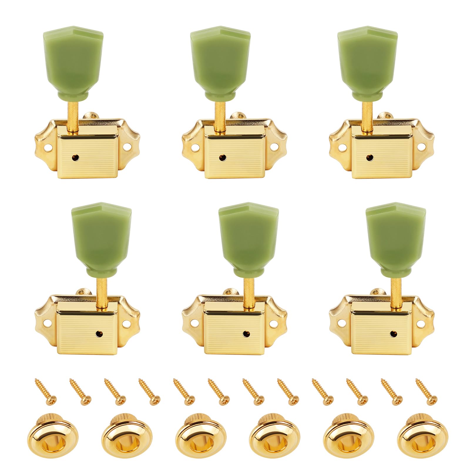 Banworks Vintage '50s Style Guitar Tuning Pegs Keys 15:1 Ratio 3L3R Guitar String Tuning Machines 8mm (5/16") Peg Holes for Les Paul LP SG ES Pack of 6 JT/JXQ-06 Golden with Green Keystone Button