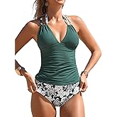 CUPSHE Women's Tankini Sets Two Piece Swimsuit Bathing Suits V Neck Crisscross Adjustable Straps Ruching Textured