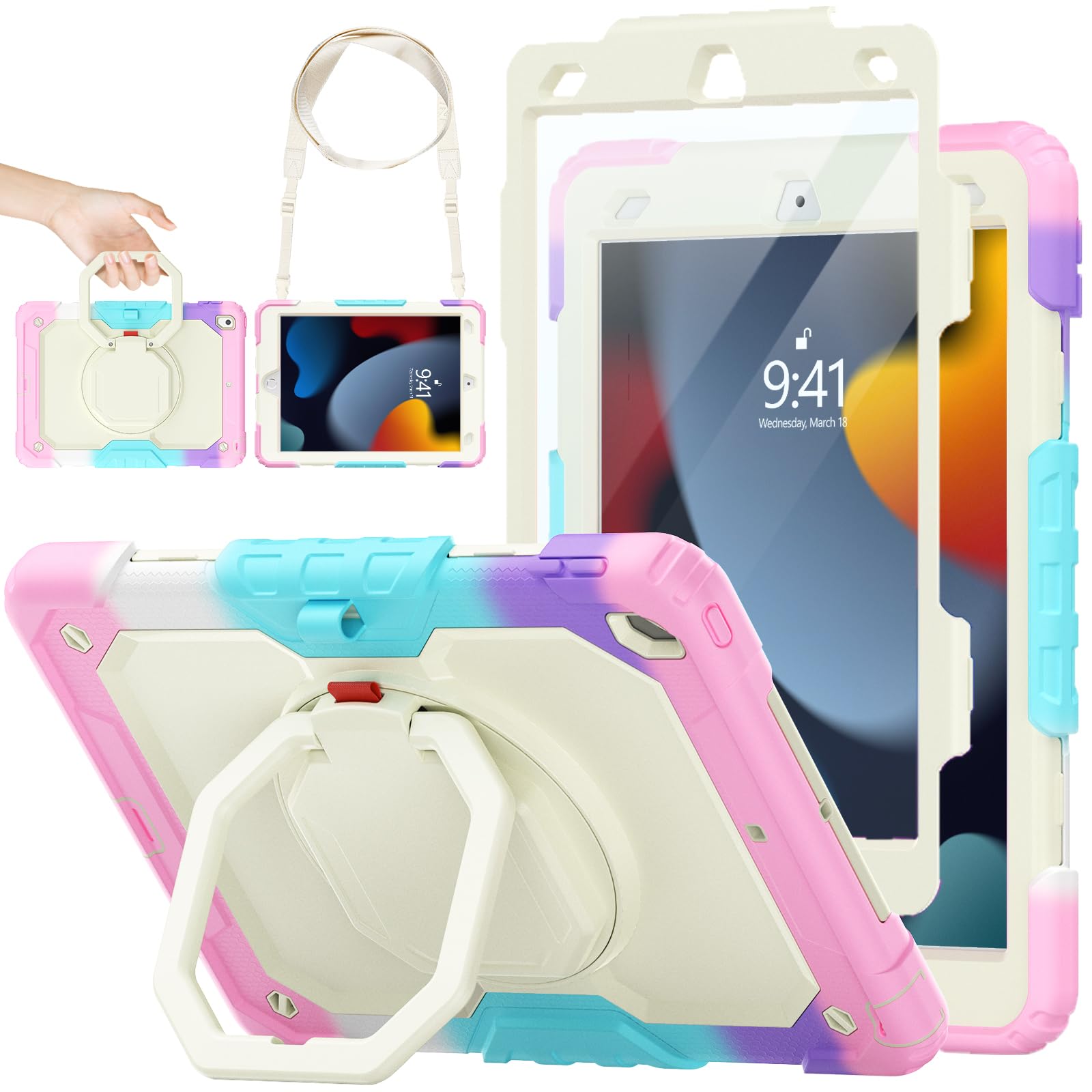 SEYMAC stock Case for iPad 9th/8th/7th Generation 10.2'' with Screen Protector, 360° Rotating Stand, Pencil Holder & Shoulder Strap, Heavy Duty Shockproof Case for iPad 10.2 Inch 2021/2020/2019, Pink