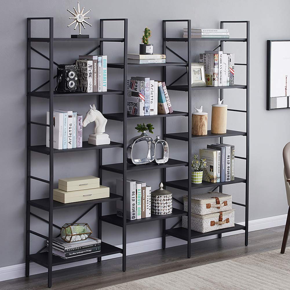 Buy SUPERJARE Triple Wide 5Tier Bookshelf, Rustic Industrial Style
