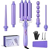 5 in 1 Curling Wand Set (0.35"-1.25") with 3 Barrel Hair Crimper, Bubble Curling Wand and 3 Ceramic Barrels, Curling Iron 1 inch Crimper Hair Tool Waver with Two Temp Control, Gifts for Women, Purple