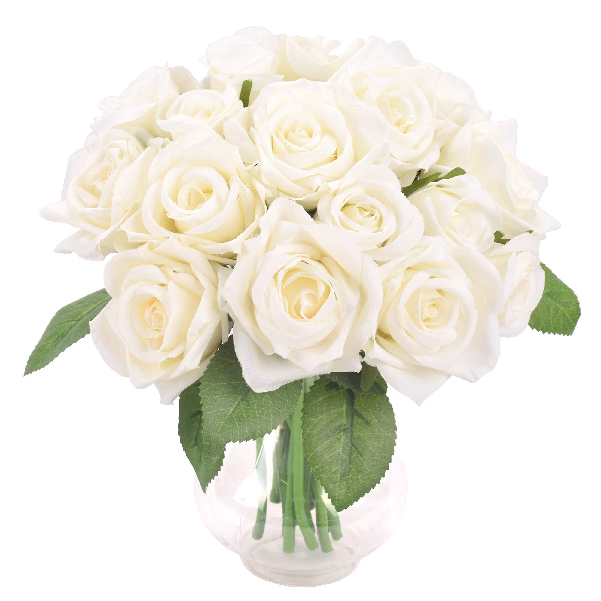 Famibay Artificial Flowers White Roses 18 Heads Fake Flowers 2 Bouquets Artificial Roses with Stems Silk Wedding Bouquet for Home Garden Party Hotel Decoration (White, No Vase)