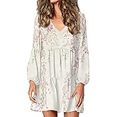 domirica Women 2025 Floral Print Puff Long Sleeve V Neck Smocked Midi Casual Dress Empire Waist Tiered Swing Flowy Dress