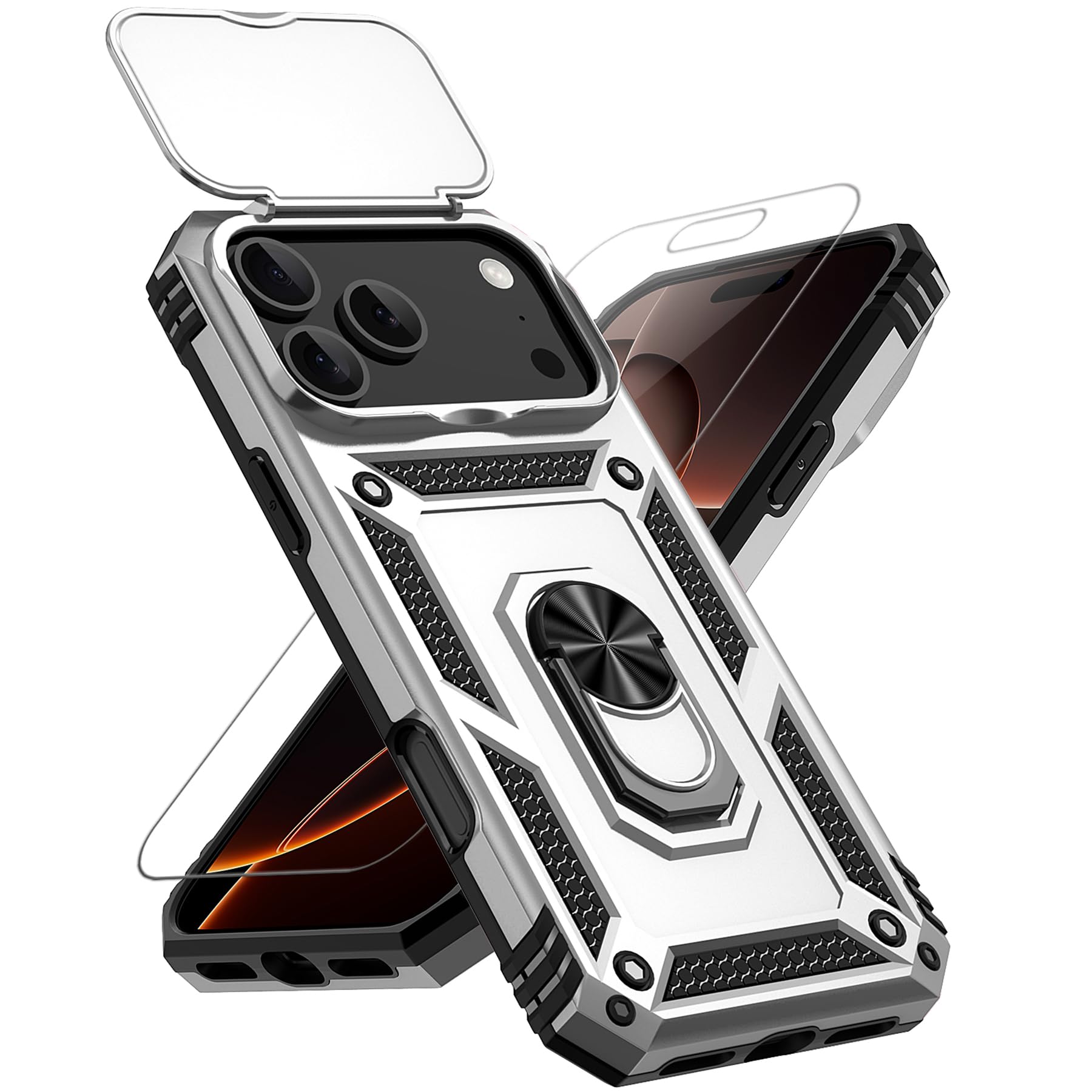 for iPhone 17 Pro Max Case, with Slide Camera Cover HD Screen Protector [Military Grade 16ft. Drop Tested] Ring Holder Kickstand Protective Phone Case for Apple iPhone 17 Pro Max, Silver