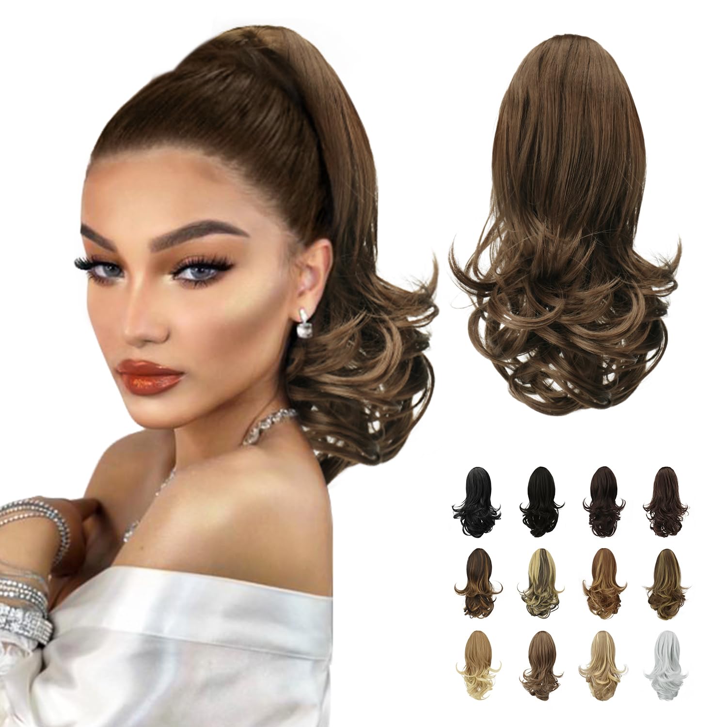 Sofeiyan 13" Ponytail Extension Long Curly Ponytail Clip in Claw Hair Extension Natural Looking Synthetic Hairpiece for Women,Golden Brown