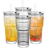 wangsdjy 20oz Ribbed Drinking Glasses with Lids and Glass Straws-Thickened Glass cup -Vintage glass straw cups- Ideal for Iced Coffees, Cocktails, Juices, Family Use and Parties (4)