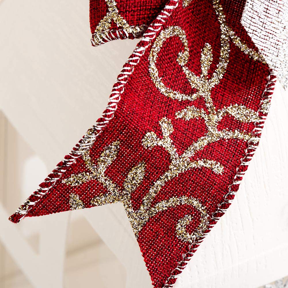 Italian Options Silver Lurex Scroll Burgundy Wired Ribbon, Christmas Hessian Ribbon for Crafts, Gift Wrapping Accessories, Wreaths, Tree Decorations, Burlap Fabric, Burgundy, 38 mm x 10 Metre Roll