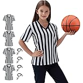 Ref Shirts for Kids Black & White Stripe Referee Jersey Children V-Neck Pro Official Umpire Uniform Basketball, Football, Soccer, Volleyball, Halloween Cosplay Costume 4pcs Set with Whistles Size XS