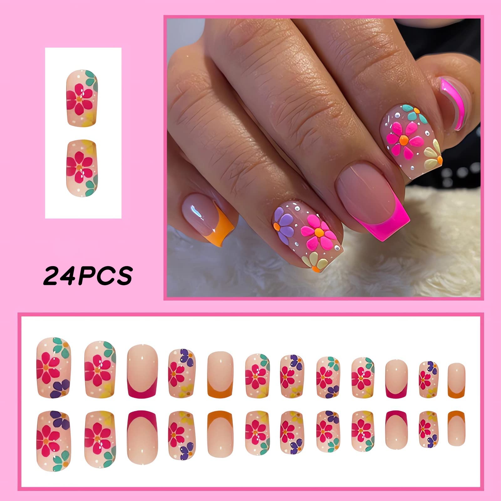 French Tip Press on Nails Square Short Fake Nails Pink False Nails with Colorful Designs Glossy Acrylic Nails Spring Summer Floral Glue on Nails for Women Nail Art Decorations - Image 2