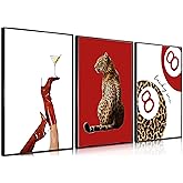 3Pcs Trendy Leopard Wall Art Preppy Funky Red Boot Martini 8 Ball Wall Decor Pictures Vintage Feminism Aesthetic Cheetah Canvas Poster Prints for Girly Bedroom Apartment Dorm Decoration 16X24Unframed