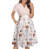 YATHON Womens Elegant Print Notched Neck Slant Pocket Pleated Hem Casual A-Line Dress