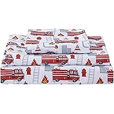 Softan Kids Bed Sheet Set, Boys Twin Size Sheets, Microfiber Kids Fitted Sheet and Pillowcase, Breathable and Silky Soft, 3 Piece Fire Engines Printed Twin Bed Sheet