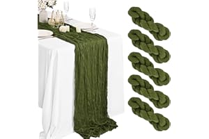 Lykoow 5 Packs Cheesecloth Table Runner Olive Green, 35x120 inch Army Green Rustic Gauze Boho Wedding Table Runner Decoration,10Ft Wedding Table Decor Table Cloth for Wedding Party Bridal Shower Table