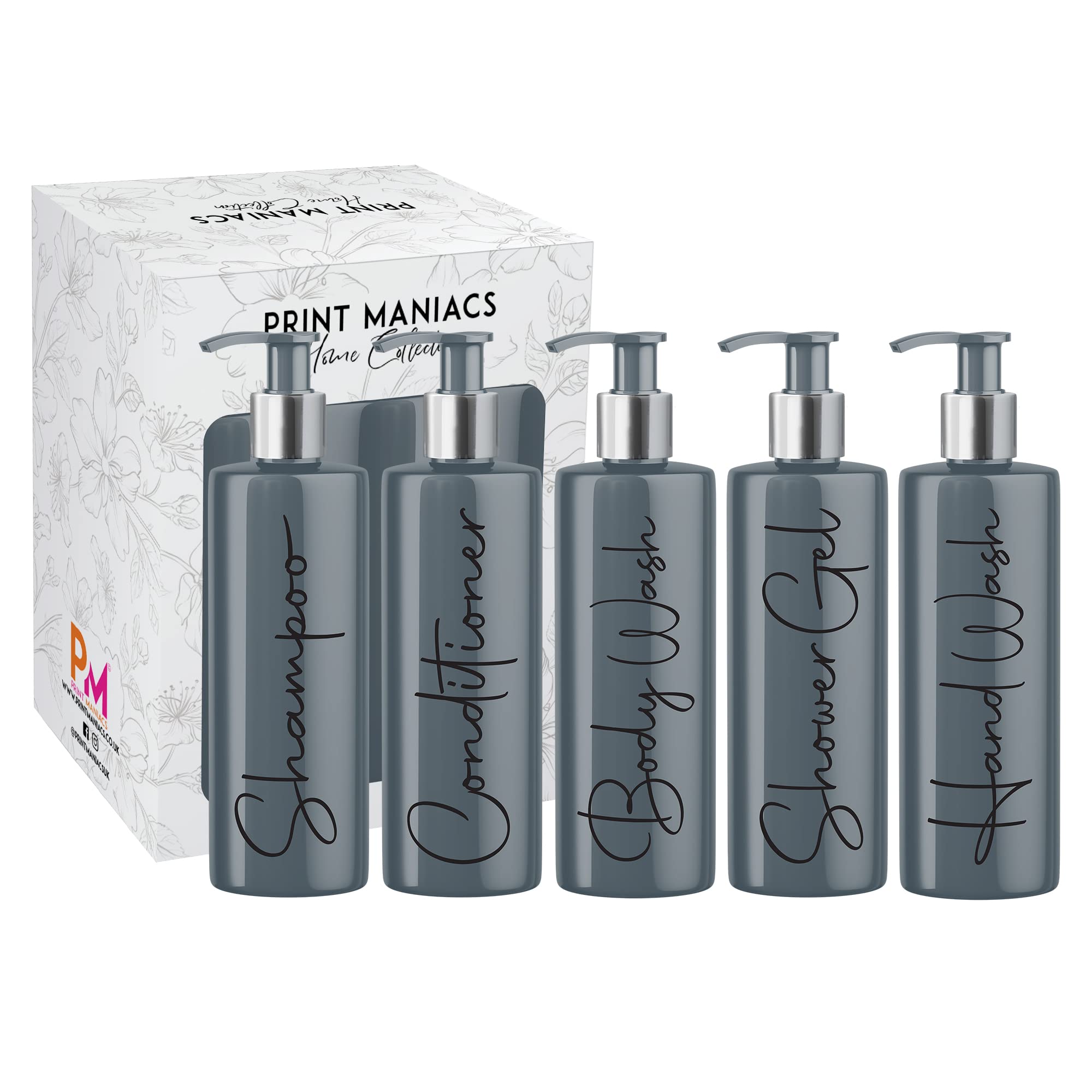 Print Maniacs Grey Mrs Hinch Inspired Personalised 500ml Pump Bottles Bathroom Lotion Kitchen Set Shampoo Conditioner Body Wash F2 (Black, Set of 5)