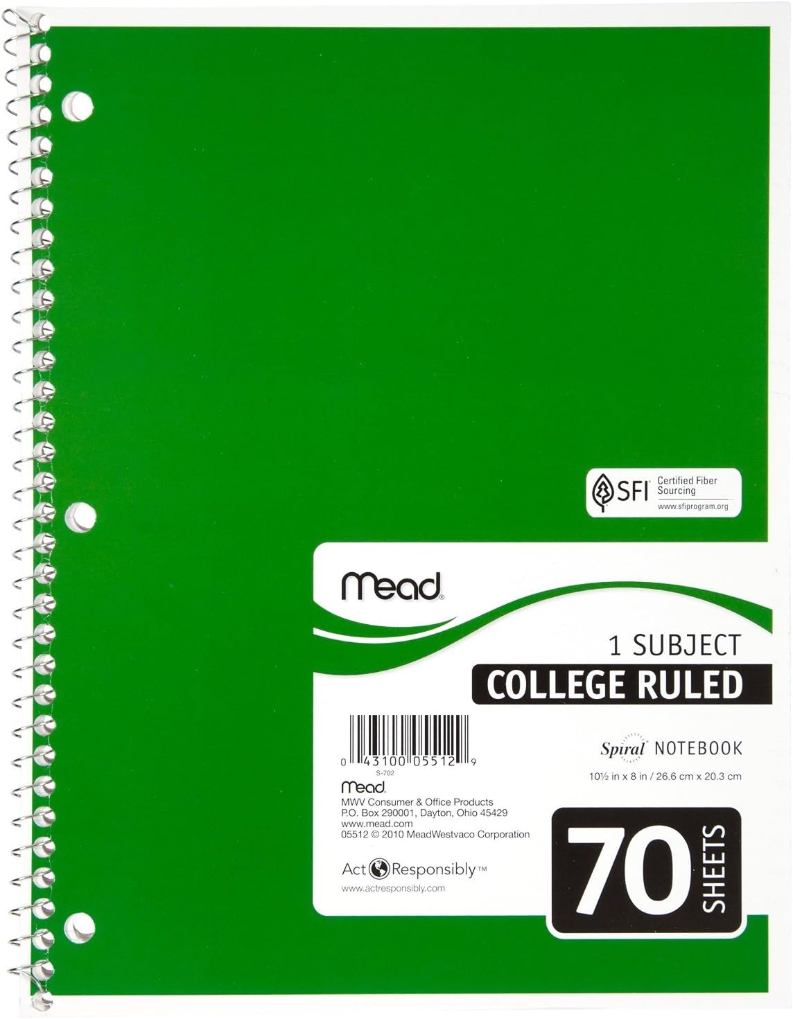 Mead Spiral Notebooks, 1 Subject, College Ruled Paper, 70 Sheets, Colored Note Books, Lined Paper, Home School Supplies for College Students & K-12, 10 1/2" x 8”, Assorted Colors, 6 Pack (73065) : Office Products