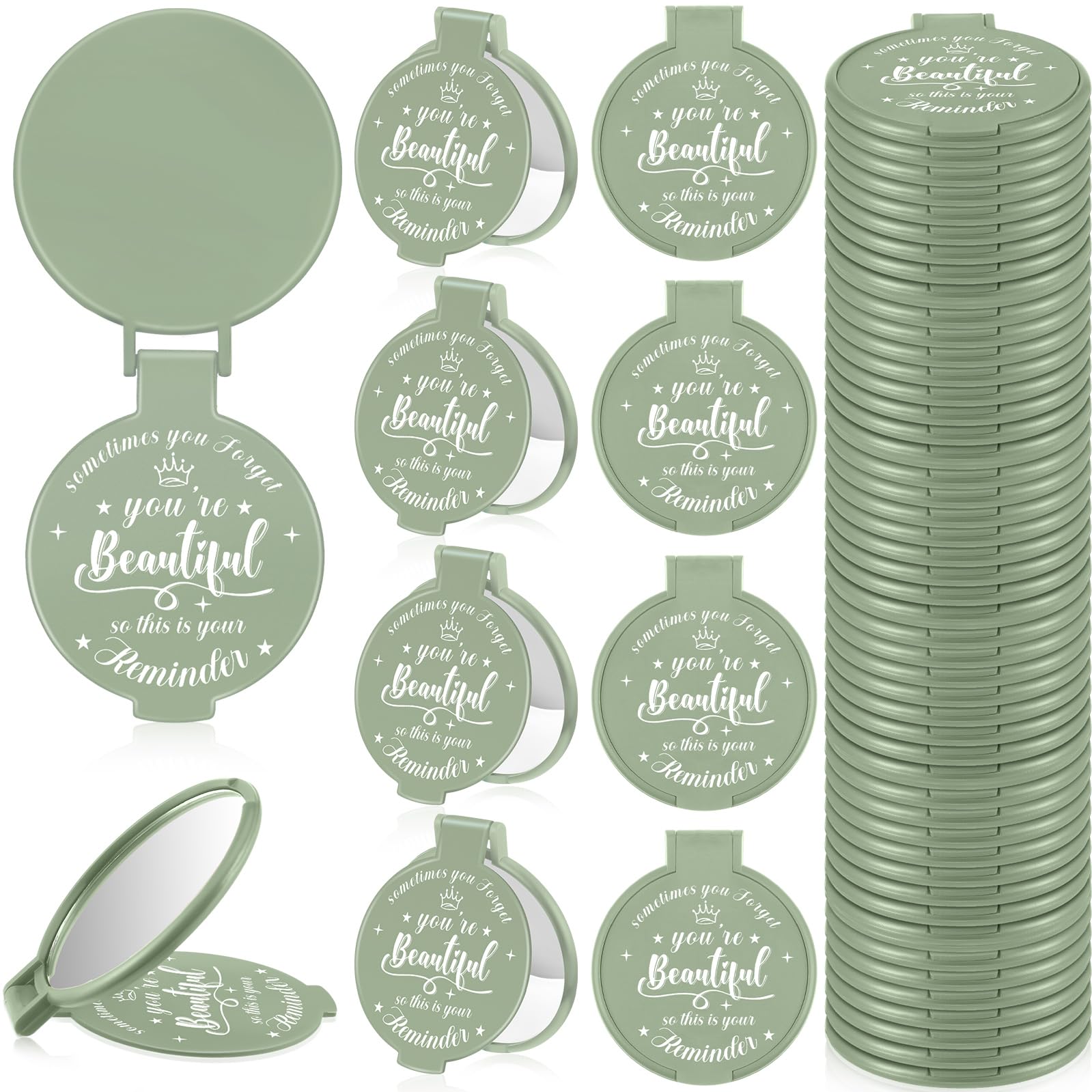 Gulfmew 36 Pcs 2.76 Inch Inspirational Compact Mirror Bulk Women Small Gifts Graduation Party Favors Purse Mirror Pocket Mini Stuffer Items for Adult Coworker Cheerleader Employee (Sage Green)