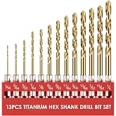 MACXCOIP 13Pcs(1/16" - 1/4") Hex Shank Titanium Twist Drill Bit Set | for Sheet Metal, Wood, Plastic, Quick Change Design