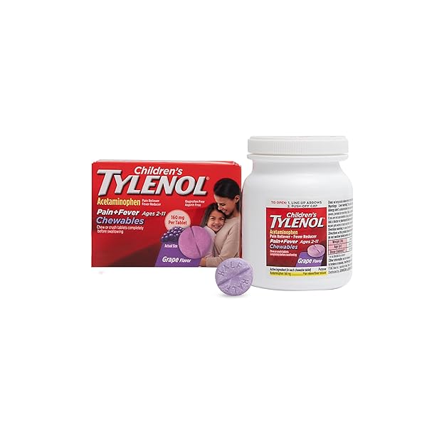 CHILDREN’S TYLENOL CHEWABLES WITH 160 MG ACETAMINOPHEN, PAIN RELIEVER & FEVER REDUCER FOR KIDS’ COLD + FLU SYMPTOMS, HEADACHE, SORE THROAT & TOOTHACHE, ASPIRIN-FREE, GRAPE FLAVOR, 24 CT