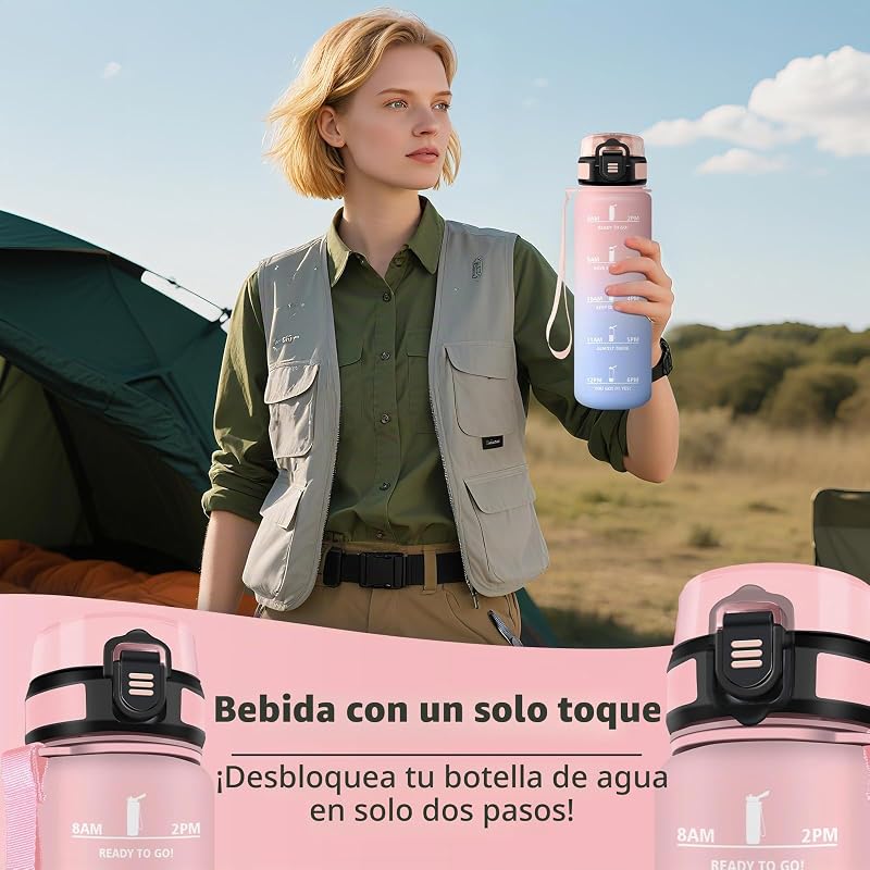 Botella Agua, 1L, Marcador de Tiempo, Portátil, Cantimplora, Libre de BPA, Botella Agua Gimnasio, A Prueba de Fugas, Water Bottle para Gimnasio, Ciclismo, Oficina y Exteriores